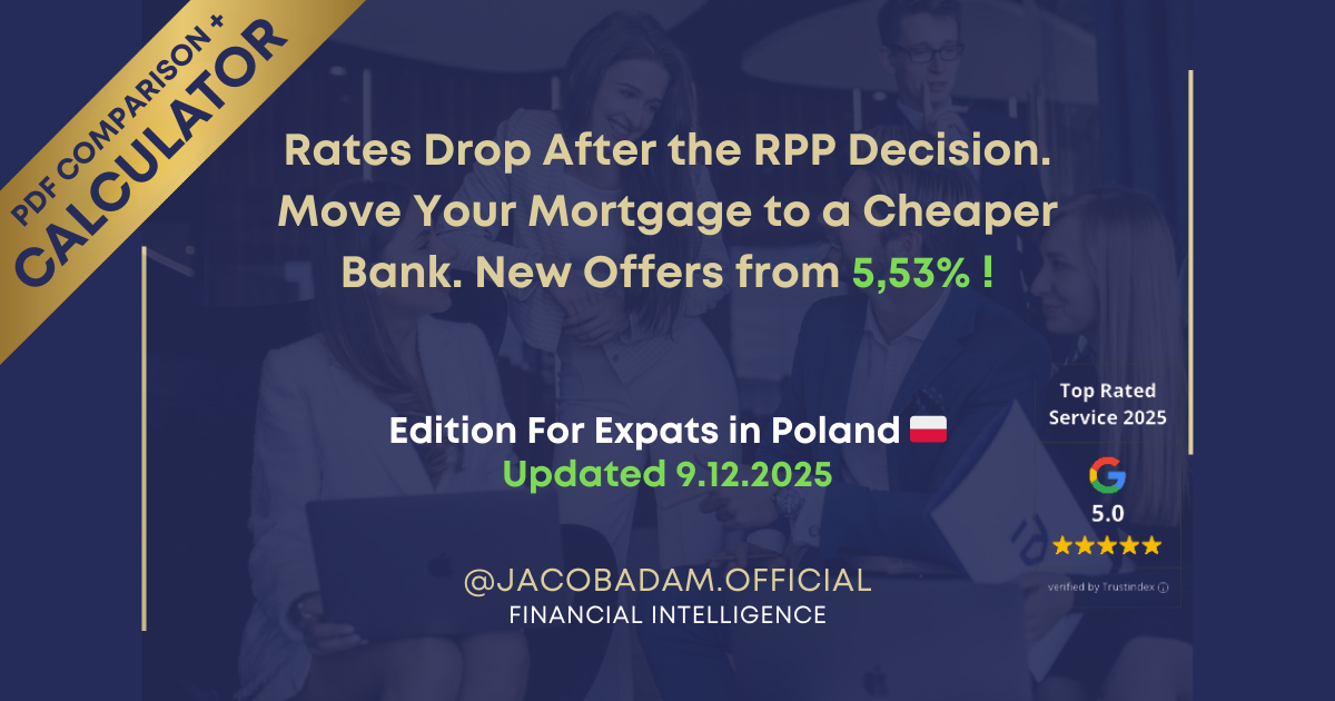 Grafika promująca porównanie ofert refinansowania kredytu hipotecznego po decyzji RPP, z informacją o nowych oprocentowaniach od 5,53% i zachętą do przeniesienia kredytu do tańszego banku.